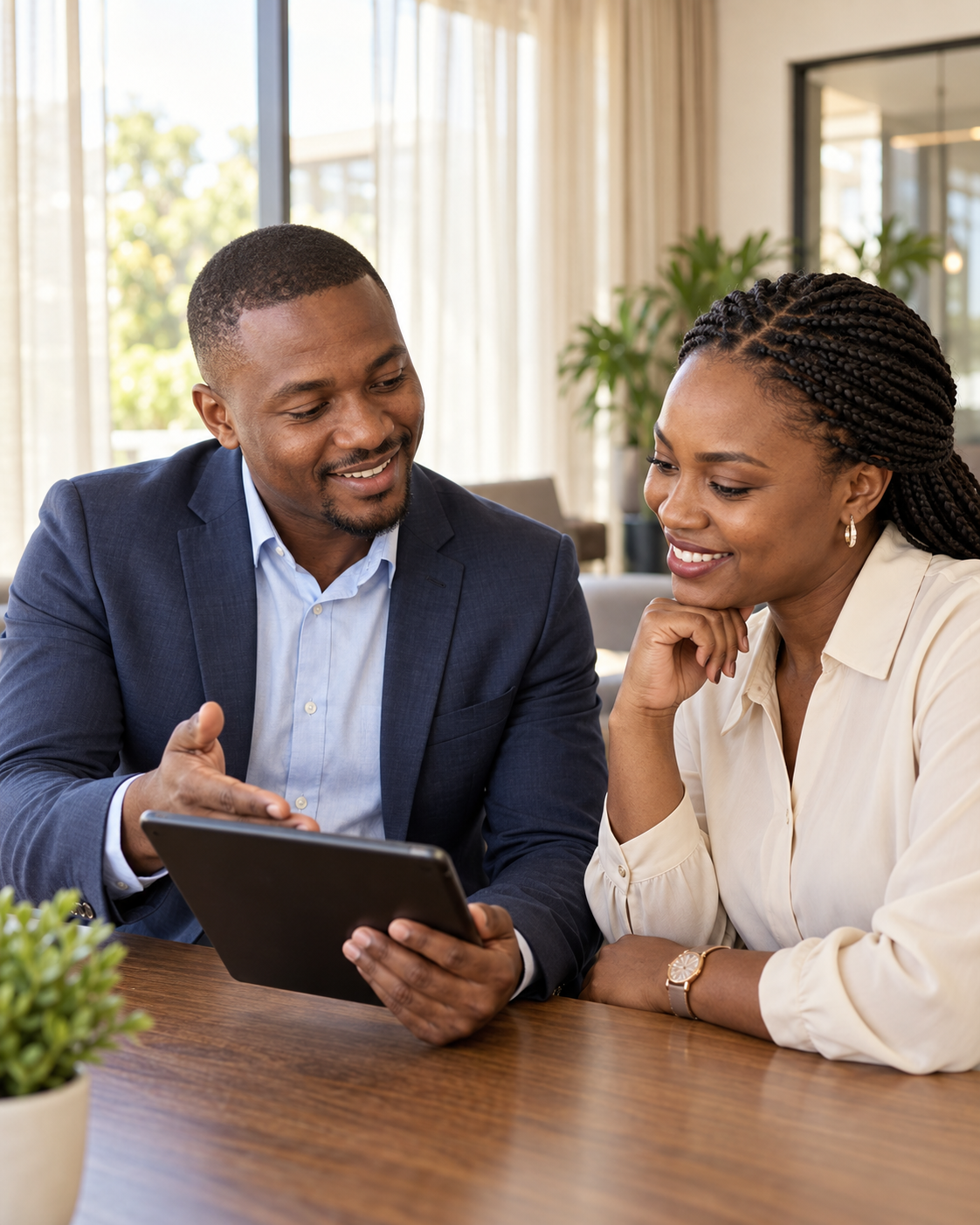 Insurance adviser helping a client review information on a tablet